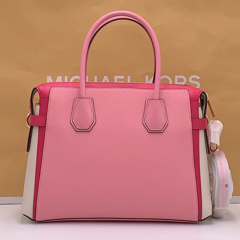 MICHAEL KORS Mercer Md Top ZipColor-Block Belted Satchel Crossbody Purse El Pink - Picture 8 of 16